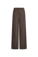Brown plaid wool blend pants with a tailored waist and adjustable ankle cuffs