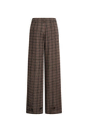 Brown plaid wool blend pants with adjustable ankle cuffs and a tailored high waist