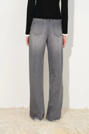 Grey crystal embellished straight leg jeans with back pockets and a wide leg fit