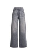 Smoke grey crystal embellished straight leg jeans in cotton denim