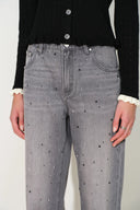 Smoke grey crystal embellished straight leg jeans in cotton denim