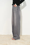 Smoke grey crystal embellished straight leg jeans in cotton denim