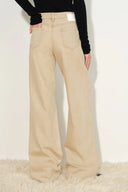 Women's washed denim jeans in warm khaki with wide straight legs and curved back pockets