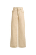 Khaki washed denim women's jeans with curved side pockets and elongated straight legs