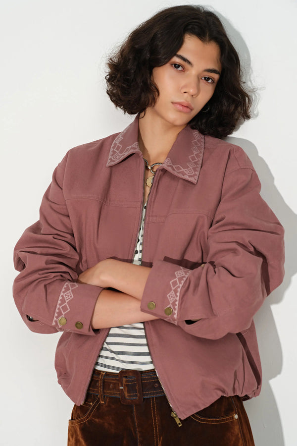 Rose pink embroidered cotton bomber jacket with a gathered hem and relaxed fit