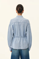 Aurore Button Collar Drawstring Lantern Sleeve Blouse in Cotton-Linen Denim