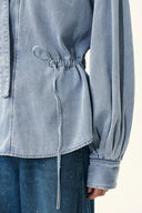 Aurore Button Collar Drawstring Lantern Sleeve Blouse in Cotton-Linen Denim