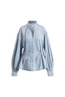 Aurore Button Collar Drawstring Lantern Sleeve Blouse in Cotton-Linen Denim