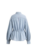 Aurore Button Collar Drawstring Lantern Sleeve Blouse in Cotton-Linen Denim