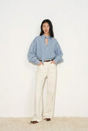 Aurore Button Collar Drawstring Lantern Sleeve Blouse in Cotton-Linen Denim