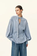 Aurore Button Collar Drawstring Lantern Sleeve Blouse in Cotton-Linen Denim