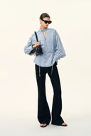 Aurore Button Collar Drawstring Lantern Sleeve Blouse in Cotton-Linen Denim