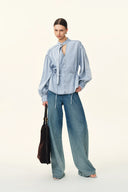 Aurore Button Collar Drawstring Lantern Sleeve Blouse in Cotton-Linen Denim