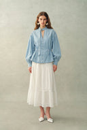Aurore Button Collar Drawstring Lantern Sleeve Blouse in Cotton-Linen Denim