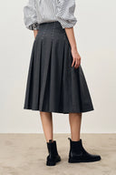 Ava Hand Embroidered Topstitching Midi Pleated Skirt in Australian Merino Wool
