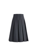 Ava Hand Embroidered Topstitching Midi Pleated Skirt in Australian Merino Wool