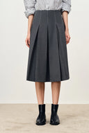 Ava Hand Embroidered Topstitching Midi Pleated Skirt in Australian Merino Wool