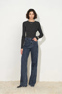 Avery Pleated Deconstructed Straight Leg Jeans in Cotton Denim