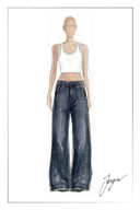 Avery Pleated Deconstructed Straight Leg Jeans in Cotton Denim