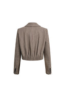 Cropped houndstooth wool blend blazer with pleated back and structured shoulders