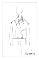 Fashion sketch of a cropped blazer with notch lapels, structured shoulders, and a pleated back