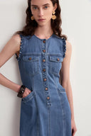 Amelia Schulpjes Geknoopte Getailleerde Midi Jurk in Katoen Linnen Denim