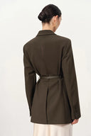 Nellie Leather Belted Blazer in Fine Wool Blend