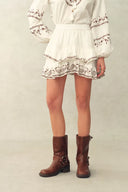 Conjunto de Blusa y Falda Brioche con Bordado, Lazo con Borlas y Cuentas en Algodón Arrugado