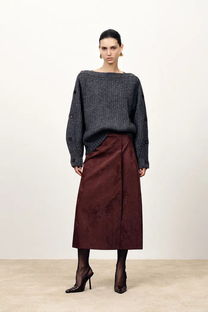 Scirocco Burgundy Midi Skirt in Faux Snake Skin Leather