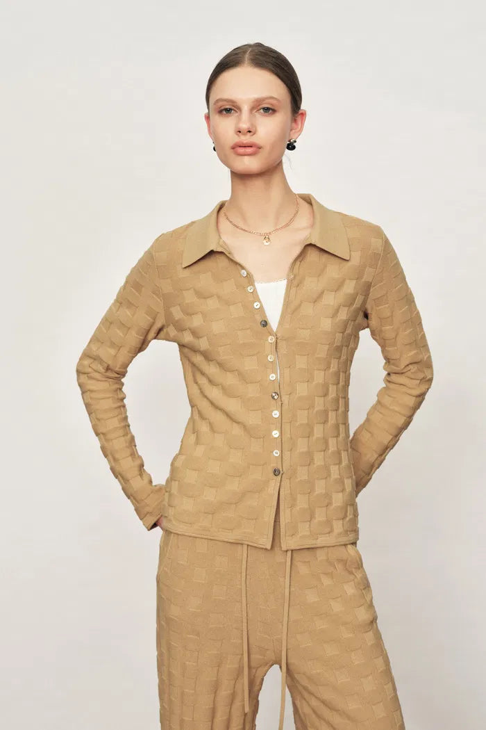 Elowen Plaid Textured Knit Cardigan and Pants in Cotton Blend Knit