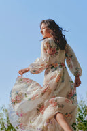 Whitney Watercolor Flora Long Sleeve Dress in Tencel-Ramie