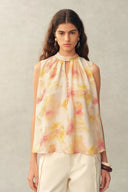 Charlotte Handpainted Floral Neck Tie Sleeveless Blouse in Silk Double Crepe