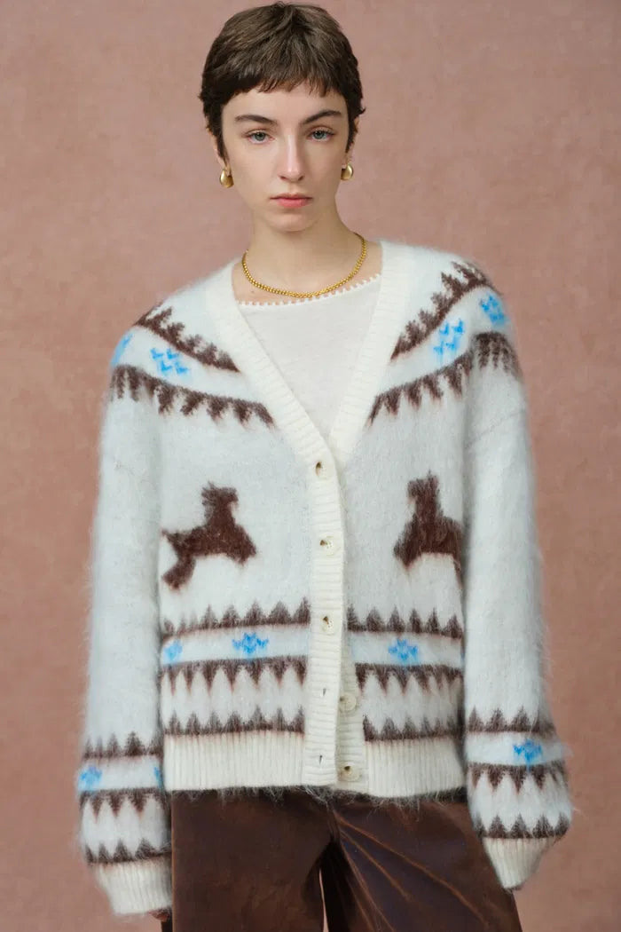 Elva Christmas Pony Knit Cardigan in Merino Mohair Multi-Yarn Knit