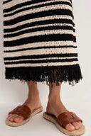 Kari Handmade Tassels Ivory White Striped Dress in Cotton Knit