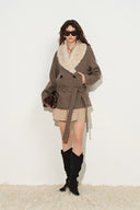 Ruth Herringbone Belted Low Waist Coat in 100% Wool