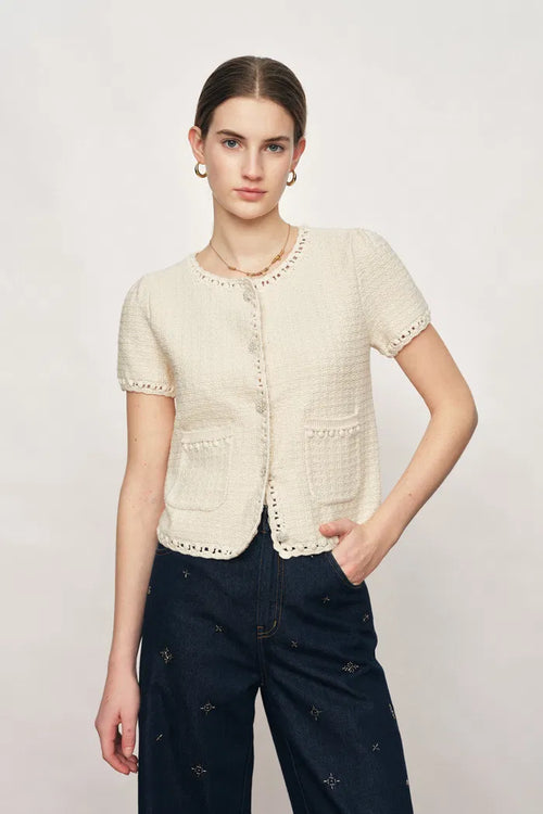 Shay Short Sleeve Crop Cardigan in Textured Cotton Knit