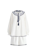 Celia Boho Embroidery Matching Blouse and Shorts Set in Silk-Cotton Blend