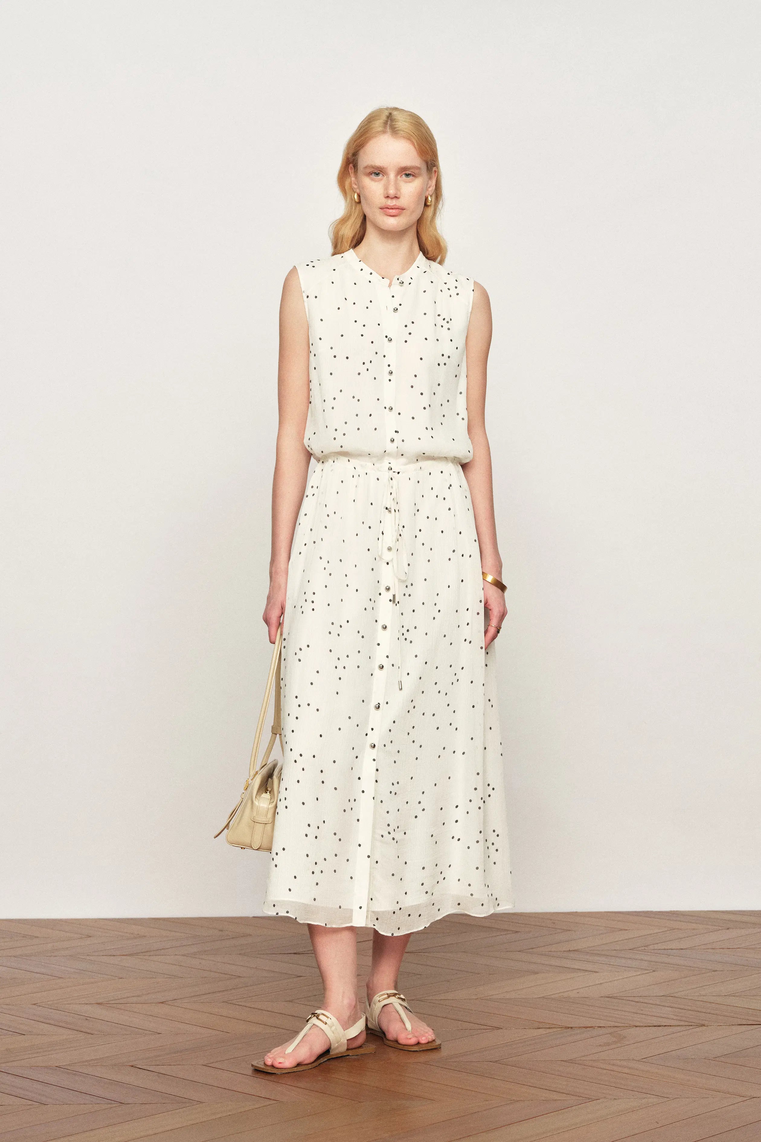 Lunare Polka Dot Sleeveless Drawstring Dress in Crinkled Sheer Fabric S