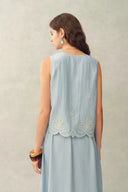 Yori Floral Embroidery V Neck Sleeveless Top in Linen Blend