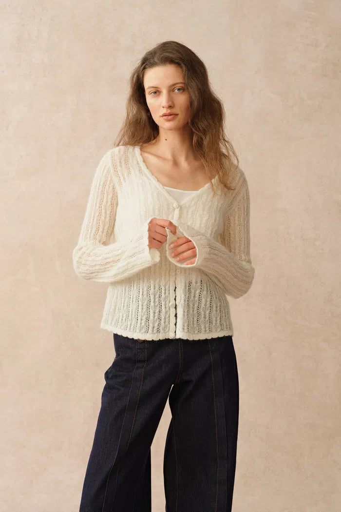 Serenity V Neck Sheer Cardigan in Lightweight Cable Knit