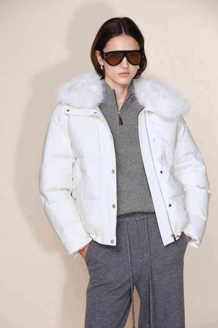Winnie Detachable Fur Down Jacket in Faux Leather