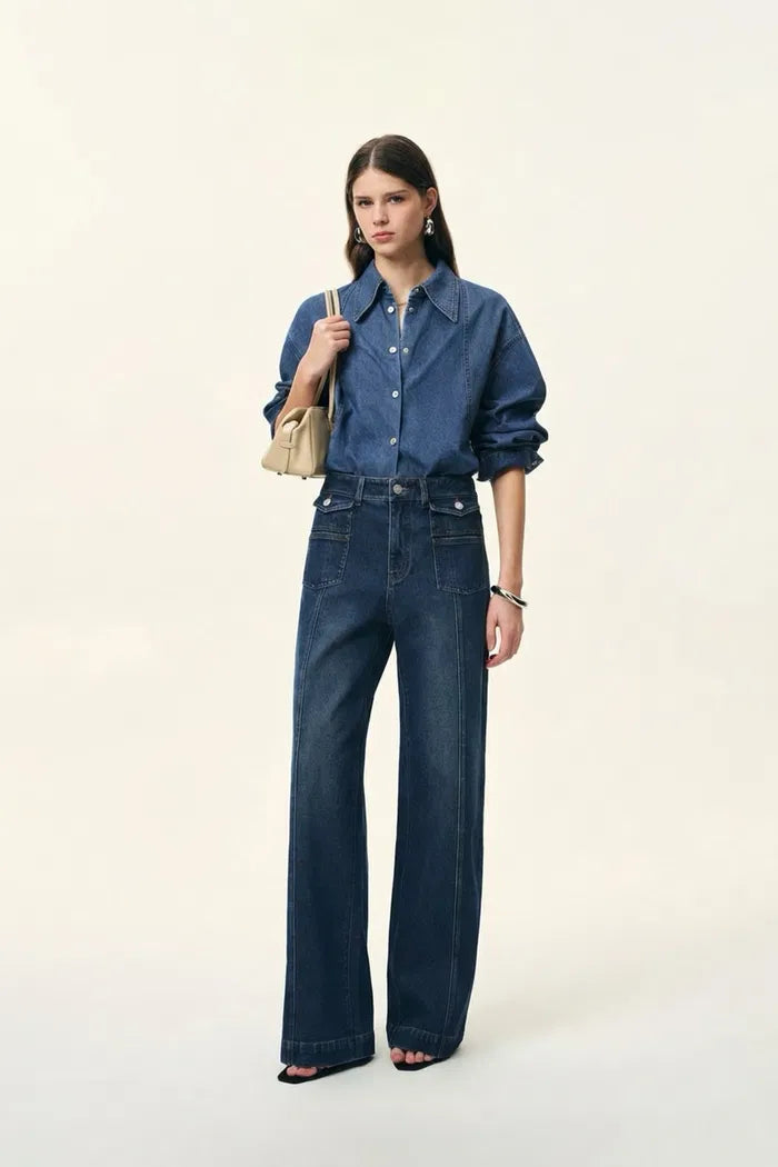 Skye Seam Detail Denim Shirt in Cotton Denim