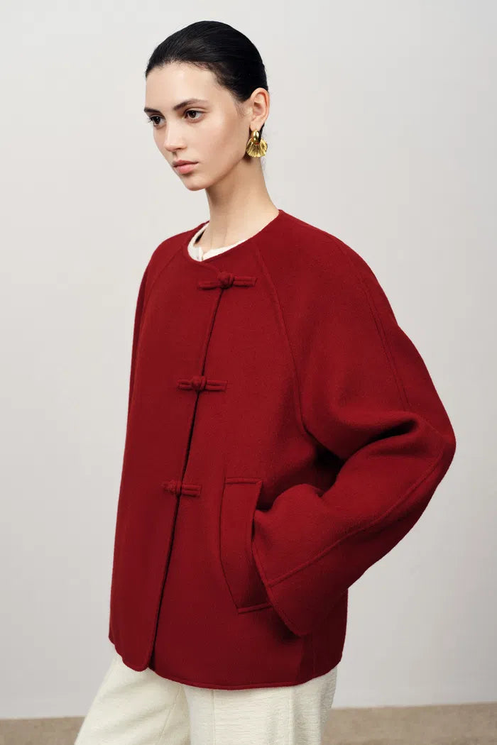 Peony New Mandarin Style Buttoned Short Wool Coat in Merino Wool