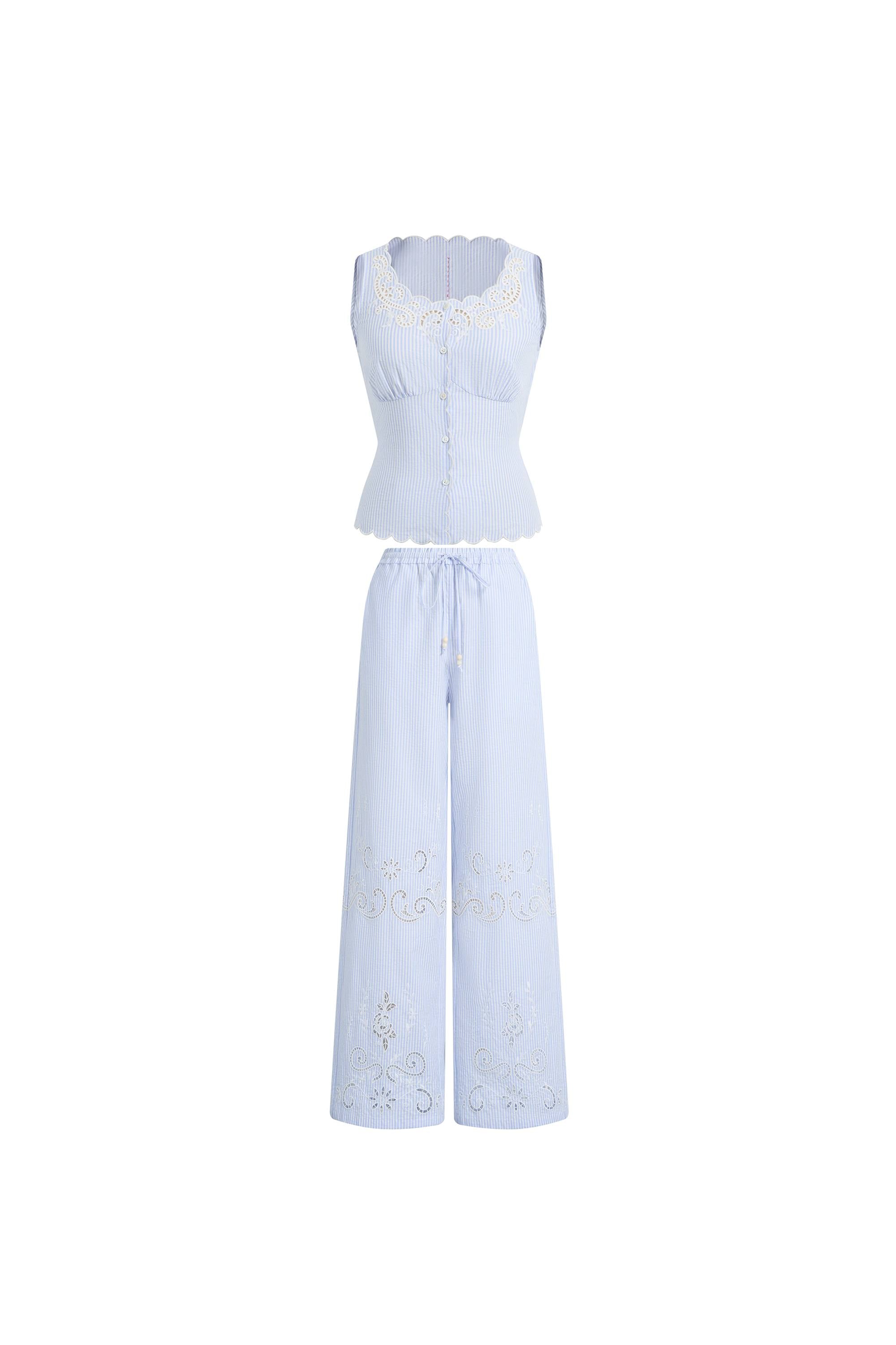 Lone Striped Embroidered Sleeveless Lace Trim Cami Top and Pants