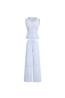 Lone Striped Embroidered Sleeveless Lace Trim Cami Top and Pants Set in Crinkled Cotton