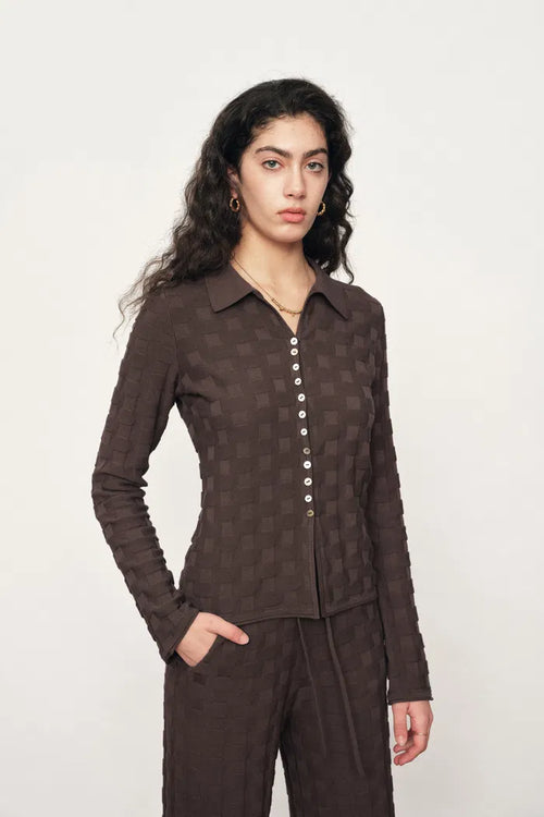 Elowen Plaid Textured Cardigan in Cotton Blend Knit