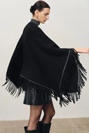 Luna Contrast Leather Fringe Poncho in Merino Cashmere Knit
