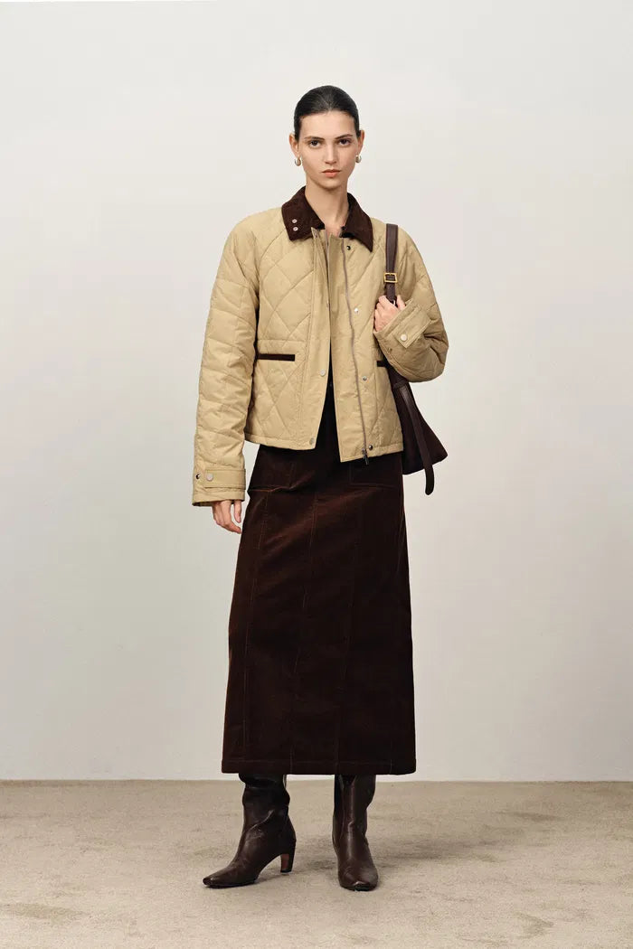 Skye Contrast Collar Cropped Quilted Down Jacket in Water-Resistant Cotton