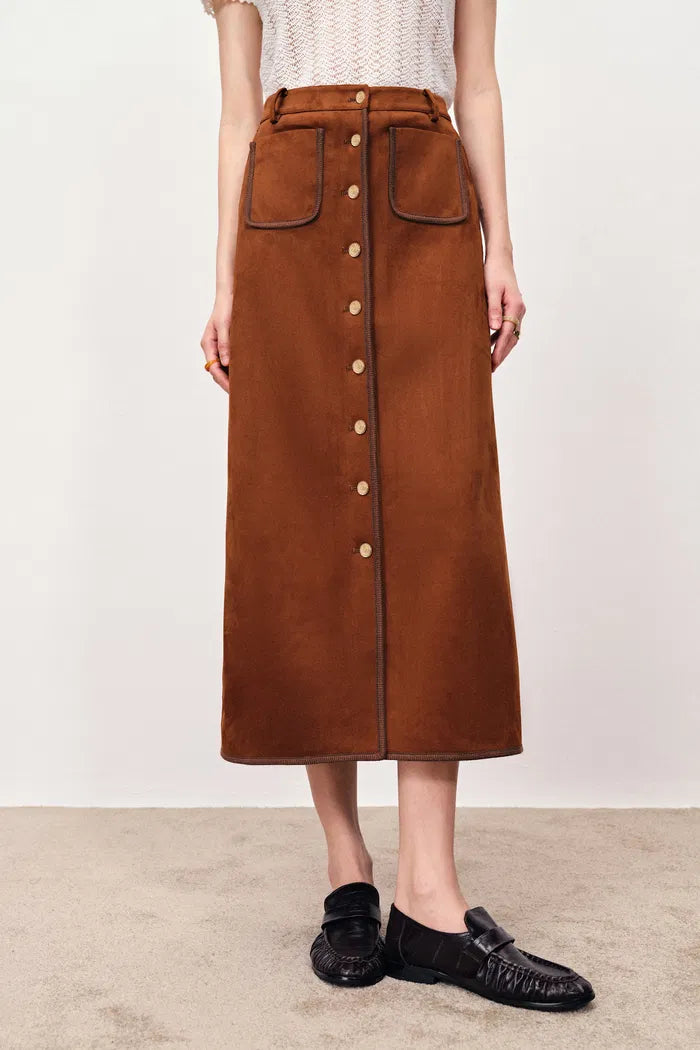 Sunny Contrast Trim Midi Skirt in Faux Suede