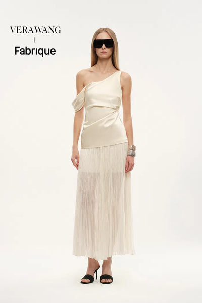 Aura One Shoulder Ruched Pleated Maxi Dress in Mulberry Silk XL